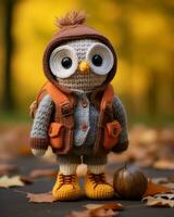 a knitted owl wearing a backpack and holding an apple generative ai photo