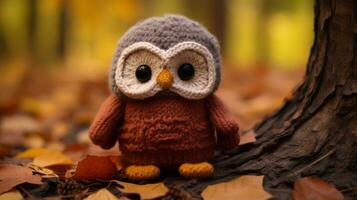 a knitted owl is sitting on the ground next to a tree generative ai photo