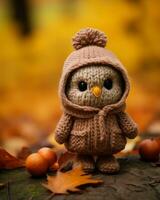 a knitted owl wearing a brown coat and hat generative ai photo