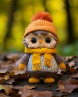 a knitted owl wearing a hat and scarf in the fall generative ai photo