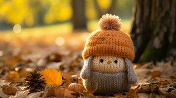 a knitted owl sitting on the ground surrounded by autumn leaves generative ai photo