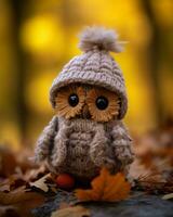 a knitted owl wearing a hat and sitting on leaves generative ai photo