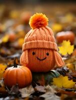 a knitted pumpkin wearing a hat sits on the ground surrounded by autumn leaves generative ai photo