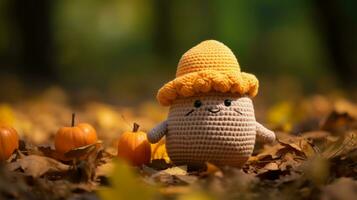 a knitted pumpkin with a hat sits in the leaves generative ai photo