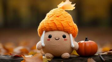 a knitted pumpkin is sitting next to a crocheted acorn generative ai photo