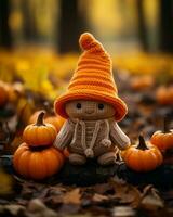 a knitted scarecrow sits on the ground surrounded by pumpkins generative ai photo