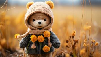 a knitted teddy bear is standing in a field of yellow flowers generative ai photo