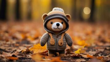 a knitted teddy bear standing in the leaves generative ai photo