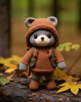 a knitted teddy bear wearing a brown coat and backpack generative ai photo