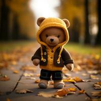 a knitted teddy bear wearing a hooded jacket generative ai photo