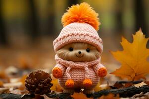 a knitted teddy bear wearing a pink hat and orange scarf generative ai photo