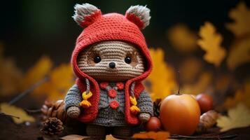 a knitted teddy bear wearing a red hat and holding an apple generative ai photo