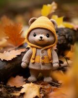 a knitted teddy bear wearing a yellow jacket generative ai photo