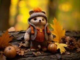 a knitted teddy bear wearing an autumn outfit generative ai photo