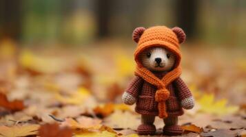 a knitted teddy bear wearing an orange hat and coat generative ai photo