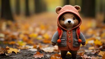 a knitted teddy bear wearing an orange hat and jacket in the woods generative ai photo