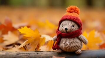 a knitted teddy bear wearing an orange hat and scarf generative ai photo