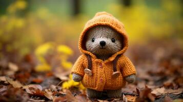 a knitted teddy bear wearing an orange jacket generative ai photo