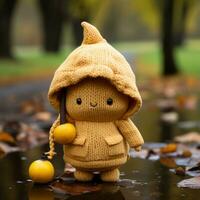 a knitted toy in a hooded jacket standing in the rain generative ai photo