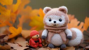 a knitted toy of a squirrel and a small doll generative ai photo