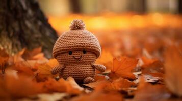 a knitted toy is sitting in the leaves generative ai photo