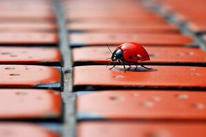 un mariquita es caminando en un rojo loseta piso generativo ai foto