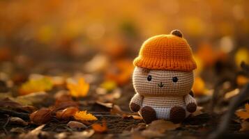 a knitted toy with an orange hat sitting in the leaves generative ai photo