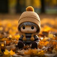 a little boy wearing a hat sits on the ground surrounded by fallen leaves generative ai photo