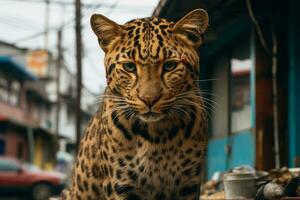 a leopard is sitting on the ground in front of a building generative ai photo