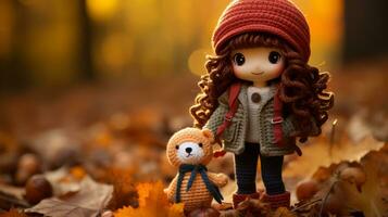 a little girl holding a teddy bear in the autumn leaves generative ai photo