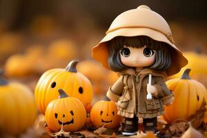 a little girl in a brown coat and hat standing in front of pumpkins generative ai photo