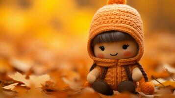 a little girl in an orange sweater sitting on the ground surrounded by autumn leaves generative ai photo