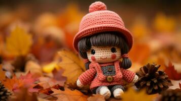 a little girl wearing a knitted hat sits on the ground surrounded by autumn leaves generative ai photo