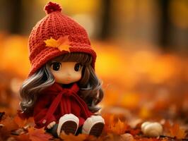 a little girl wearing a red hat sitting on the ground surrounded by autumn leaves generative ai photo