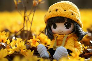 un pequeño niña vistiendo un amarillo sombrero se sienta en un campo de amarillo flores generativo ai foto