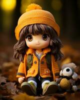 a little girl wearing an orange coat and hat sits on the ground with a stuffed animal generative ai photo