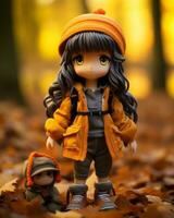 a little girl wearing an orange coat and hat standing next to a doll generative ai photo