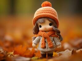 a little girl wearing an orange hat and scarf standing in the fall leaves generative ai photo
