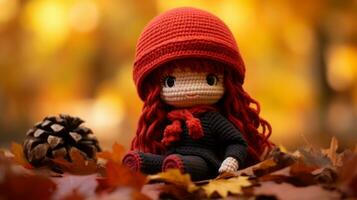 a little girl wearing a red hat sits on the ground surrounded by fallen leaves generative ai photo