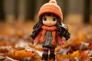 a little girl wearing an orange hat and scarf standing in a pile of fallen leaves generative ai photo