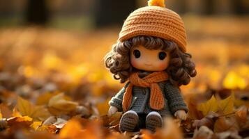 a little girl wearing an orange hat sits on the ground surrounded by fallen leaves generative ai photo
