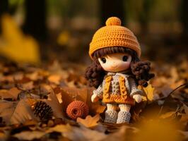 a little girl wearing an orange sweater and hat sits on the ground surrounded by fallen leaves generative ai photo