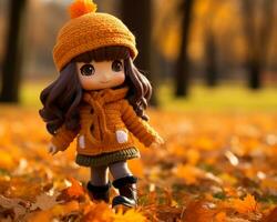a little girl wearing an orange sweater and hat standing in a field of fallen leaves generative ai photo