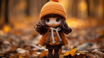 a little girl wearing an orange sweater and hat standing in the leaves generative ai photo