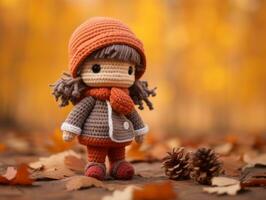 a little girl wearing an orange sweater and hat stands in front of a pile of fallen leaves generative ai photo