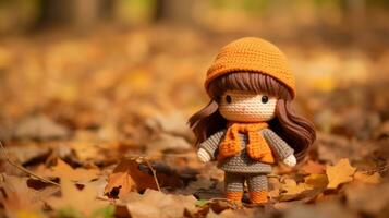 a little girl wearing an orange sweater and hat stands in the leaves generative ai photo