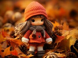 a little girl wearing an orange sweater and hat stands in front of a pile of autumn leaves generative ai photo