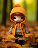 a little girl wearing an orange sweater and hat stands in the leaves generative ai photo