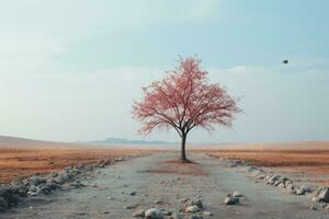 a lone tree in the middle of an empty road generative ai photo