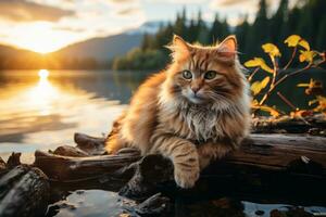 un largo peludo gato sentado en un Iniciar sesión en frente de un lago a puesta de sol generativo ai foto